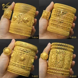 Open copper bracelet ring set Dubai hollow engraving gold-plated jewelry bride sand gold jewelry factory direct sales