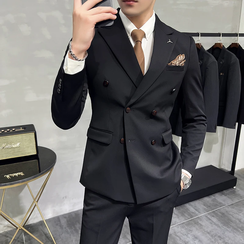 ( Blazers + Pants ) Boutique Fashion Solid Color Double-breasted Men's Casual Business Slim Suit 2-piece Set Groom Wedding Dress - view 5