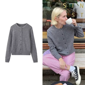 TRAF 여성 패션 가을과 겨울 니트 카디건 우아한 싱글 브레스트 긴팔 재킷 레트로 라운드 넥 그레이 스웨터