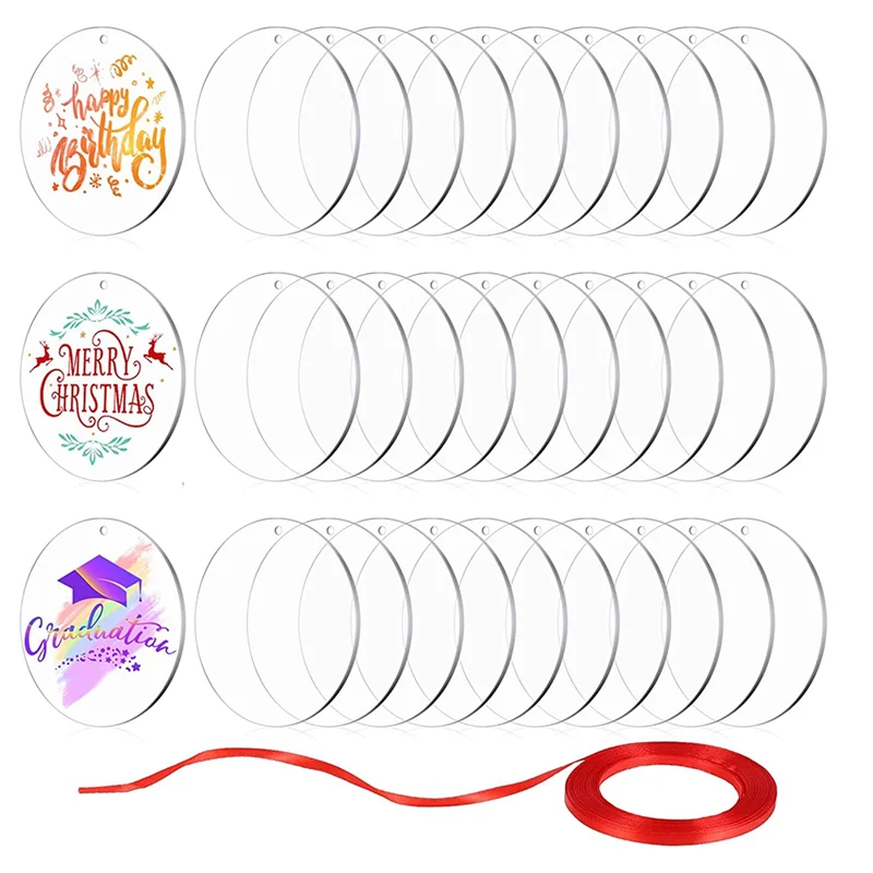 30Pcs Acrylic Blanks 2 Inch Clear Circle Acrylic Sheet with Hole Round Acrylic Blanks Disc Christmas Birthday DIY Gifts