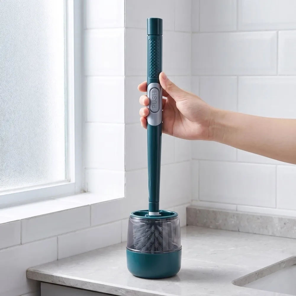 Green Wall-mounted Liquid Adding Silicone Toilet Brush Plastic 42*10cm Green Silicone Toilet Brush with Storage Box