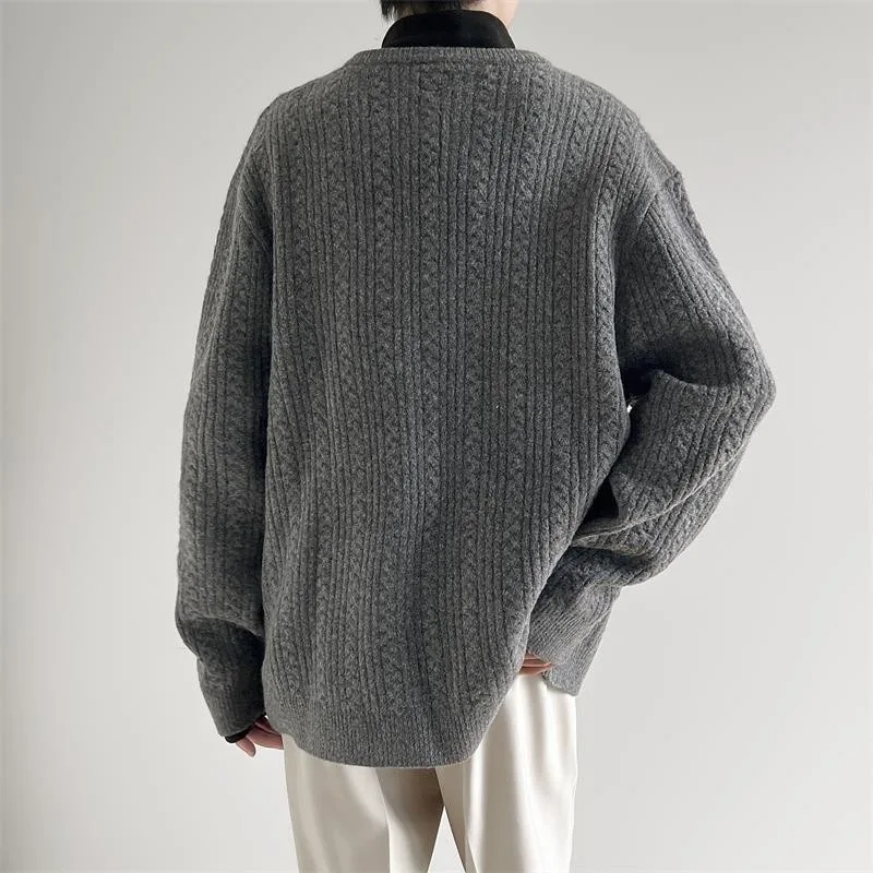 2025 Autunno Inverno Nuovi Uomini Piccolo Scollo a V Texture Jacquard Pullover Maglione Allentato Caldo Stile Pigro Moda Top