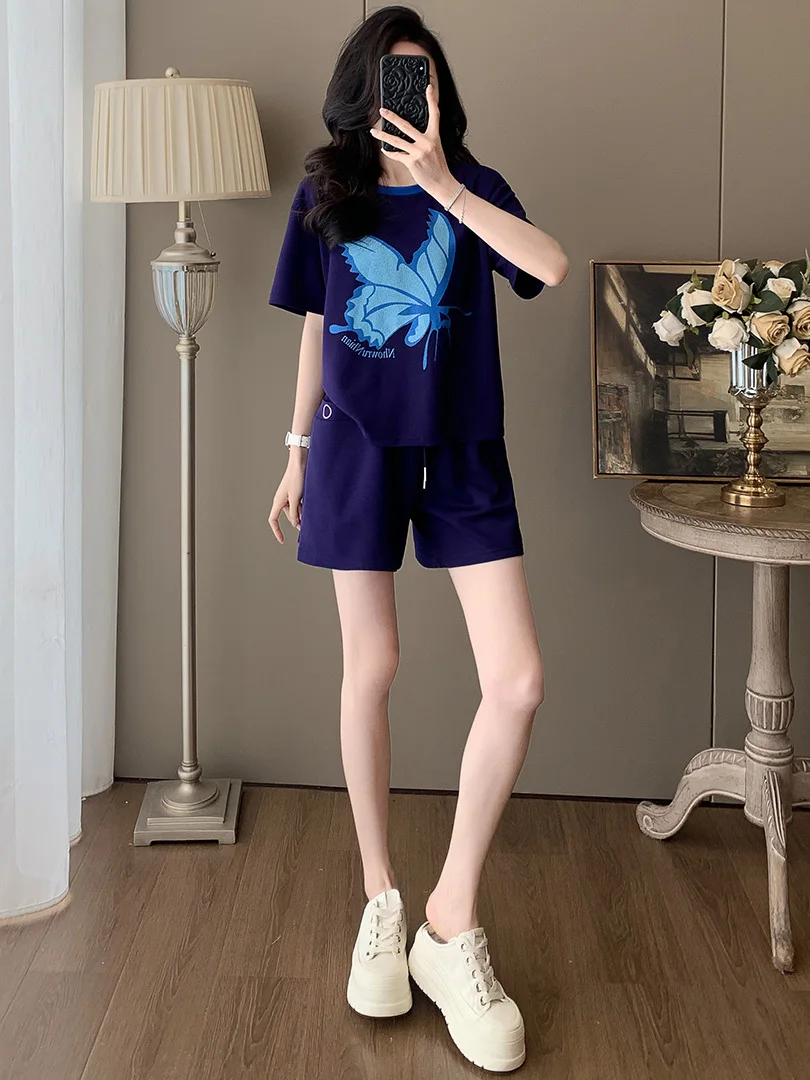 

Fashionable Youthful Casual Sports Set Women's Short Sleeve T-Shirt Shorts Two-Piece Suit Blue Slimming Summer Outfit