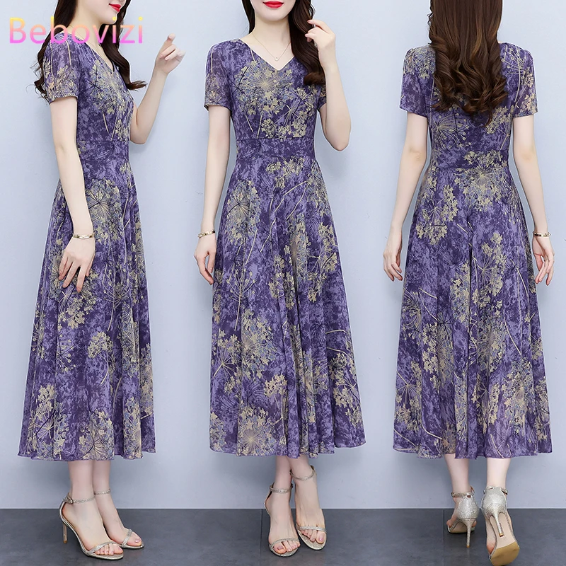 

Purple Floral V-neck Short Sleeve Big Swing Mom Dresses Summer New High-End Elegant Slim Bohemian Beach Dress