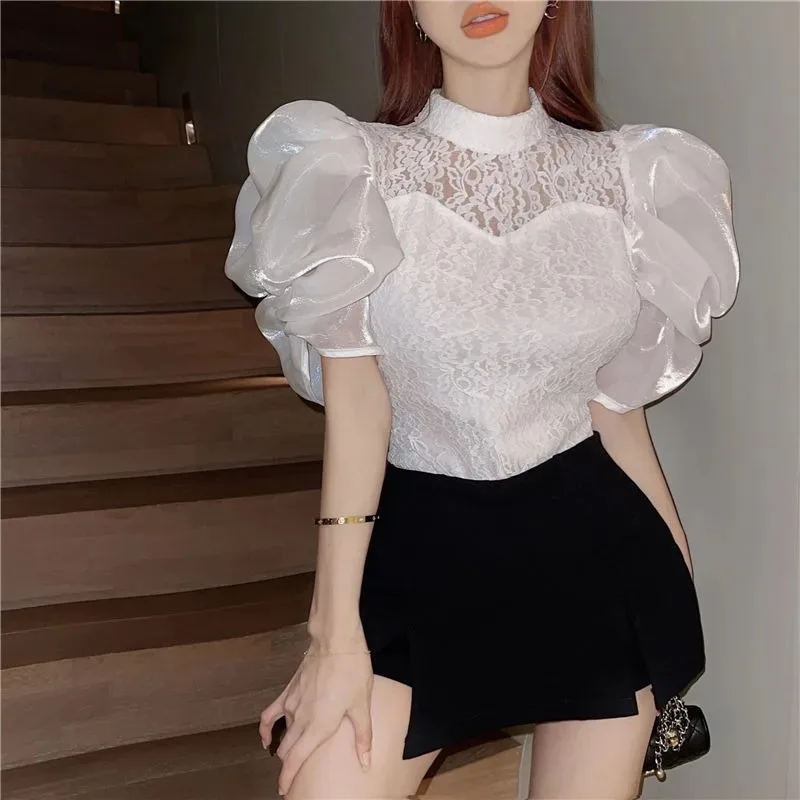 

Women Blouse Ruffled Mesh Summer Casual Loose Tops Korean Fashion Lantern Short Sleeve Shirts Vintage Solid Round Neck Tee