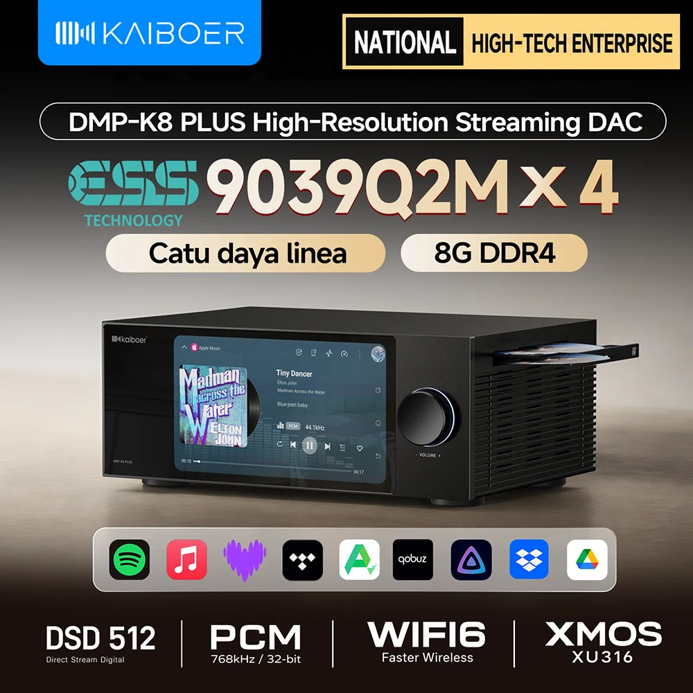 Kaiboer DMP-K8PLUS HiFi Music Streamer DAC Analog Preamplifier OPA1612*10+ES9039Q2M*4 DAC 8GB+64GB WiFi6&SFP Fiber ARC Lossless