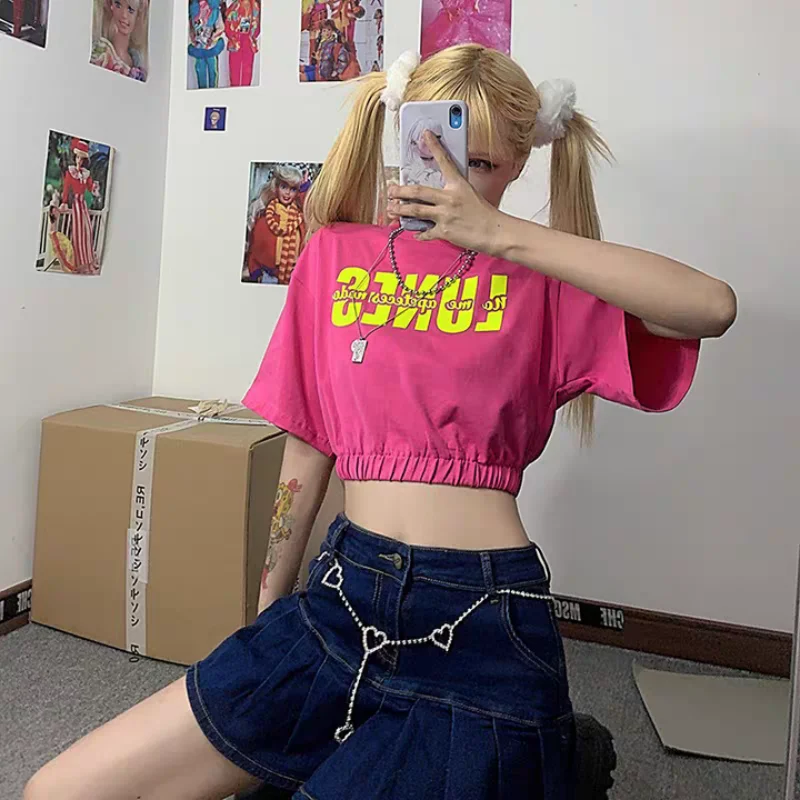 2025 Summer Short Korean Edition New Dopamine Printed Letter Leather Strap Drawn Waist Loose T-shirt Top Punk Hip Hop Jazz Y2K