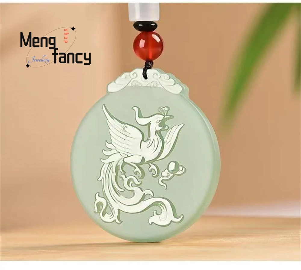 Natural Hetian Green Jade Dragon and Phoenix Plaque Pendant Zodiac Exquisite Elegant Simple High-grade Couple Fashion Jewelry