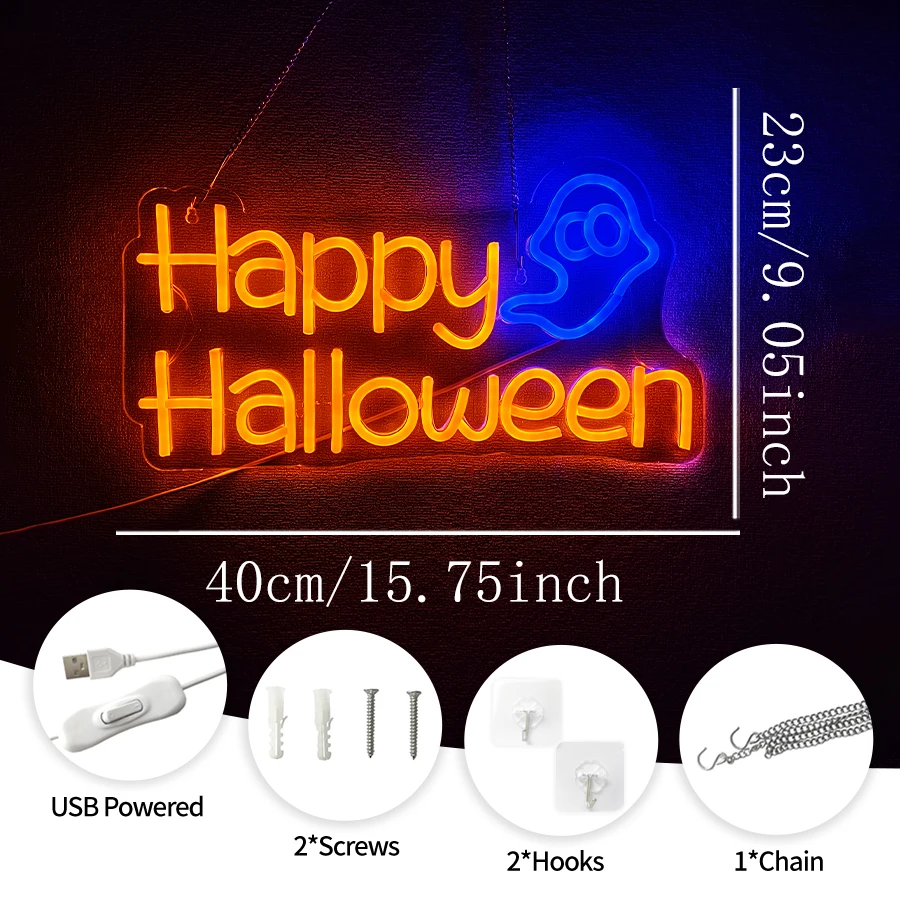 Happy Halloween Neon Sign, Ghost Icon Hand-Made, Usb Powered, Used For Room, Horror Space, Bar, Club, Halloween Art Decor.