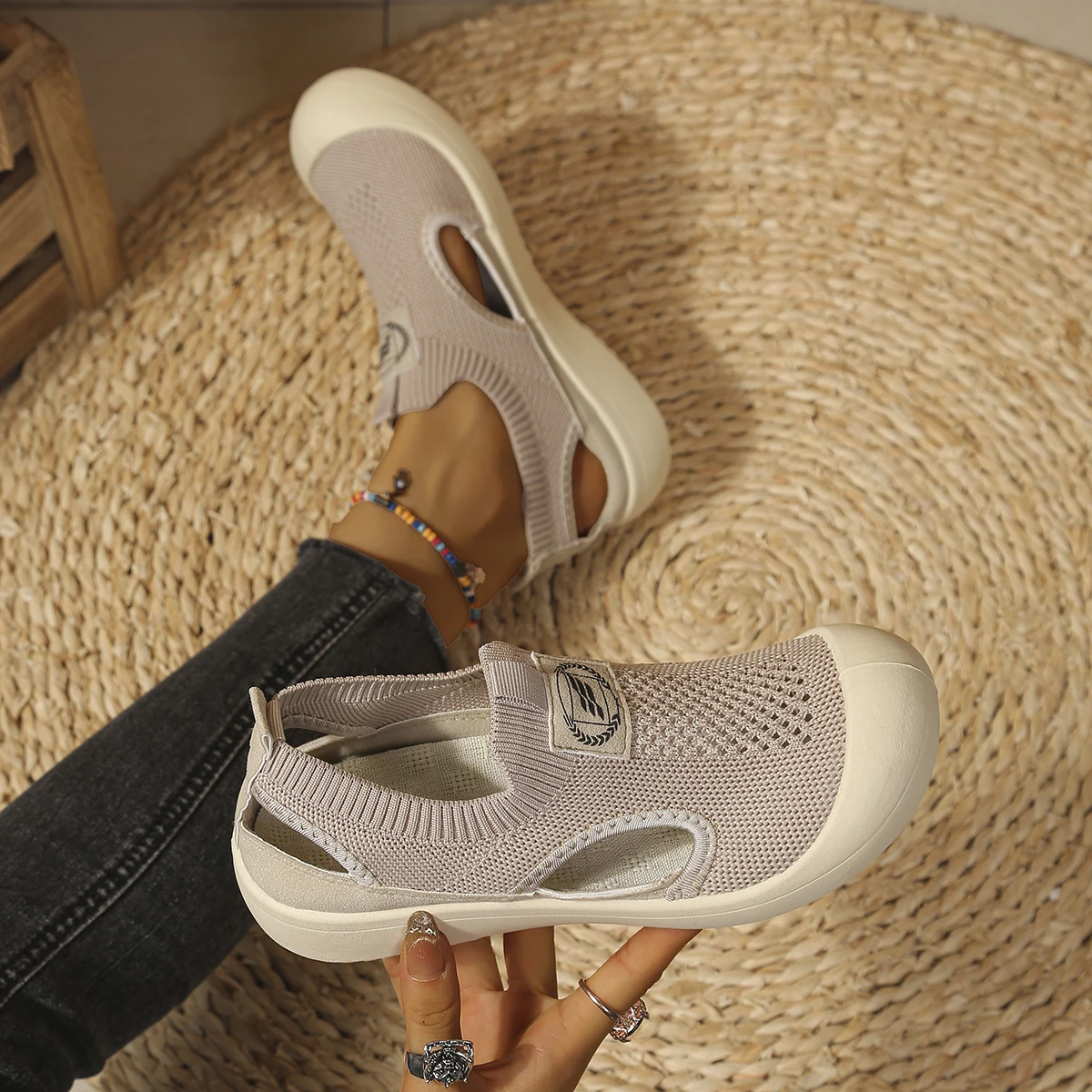 Ladies Knit Mesh Closed Toe Sling Back Sandals Lightweight Non Slip Wedge Heel Summer Casual Walking Footwear Free Shipping