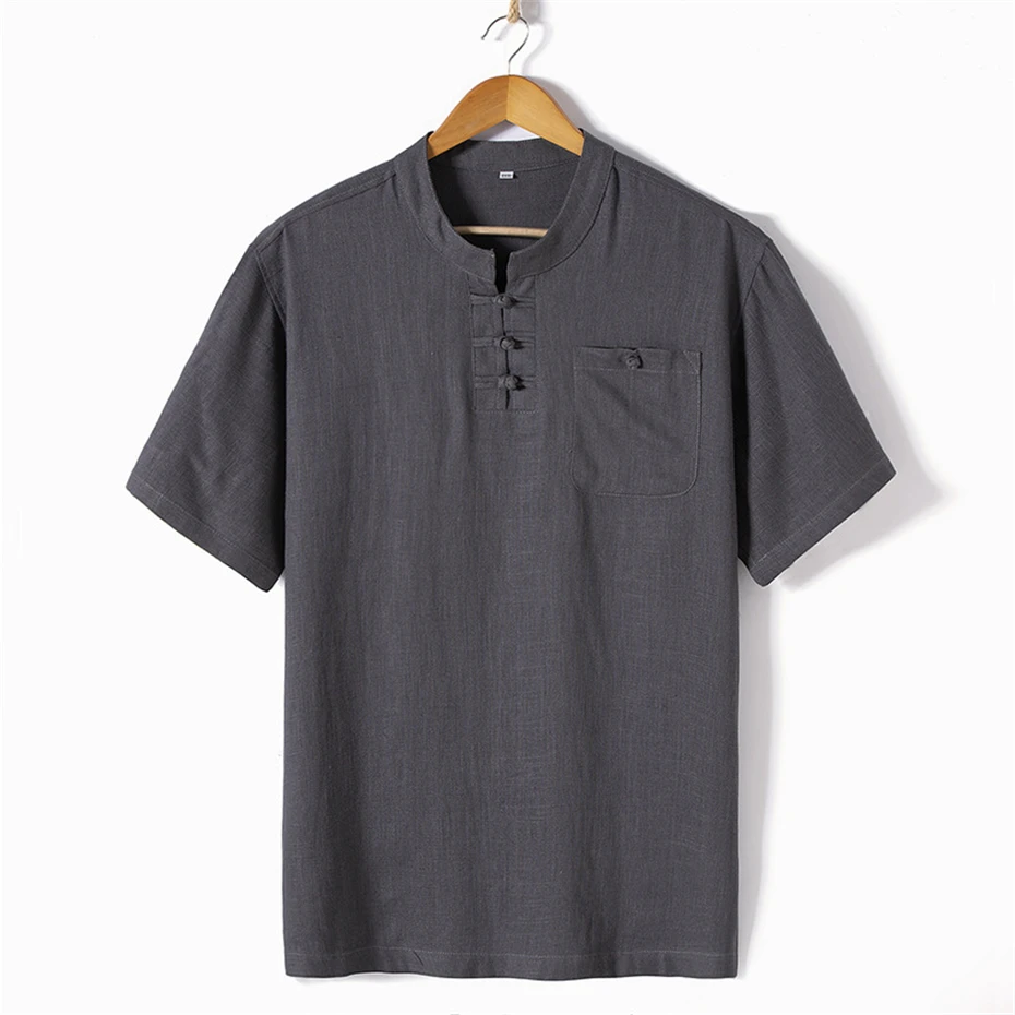 Linen T-shirt Men Chinese Style Button Tshirt Fashion Casual Solid Color T-shirts Breathable Summer