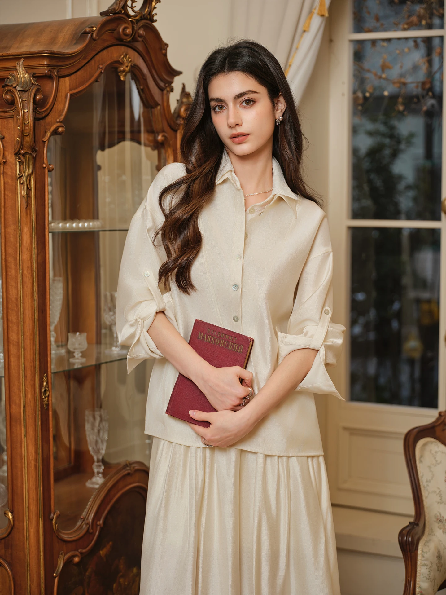 

Reve Rui Commute V-ne Floing Eming Wide Leg Pants irt Set Simple Sle Long Sve Breathable Women's Suit