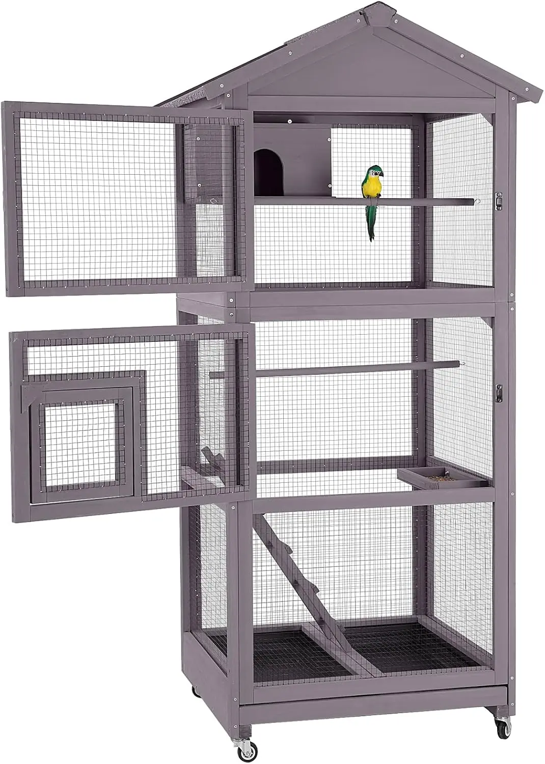 Wooden Aviary Bird Cage 70 Inch Large Parrot Flight Cage with 4 Casters for Lovebirds Finches Grey