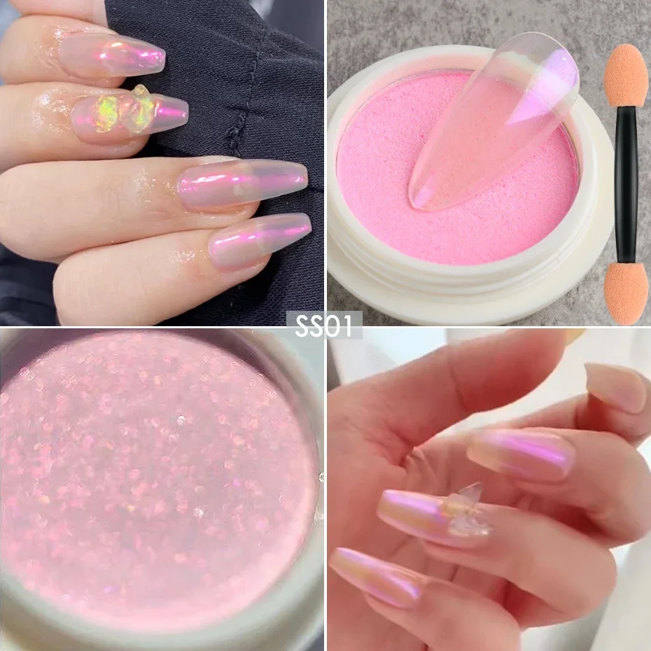 Solide Aurora Nagel Pulver Meerjungfrau Chrom Spiegel Pigment Nail art Dekorationen Perle Staub Pinsel Set Glitters TRG01-06