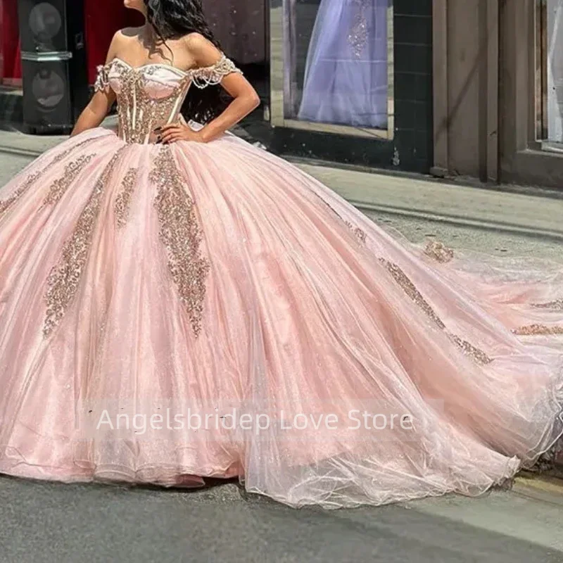 Angelsbridep-Robe de Rhprincesse rose, glamour, Quinceanera, dentelle, pour femme, tenue de fête d'anniversaire, tendance 2025