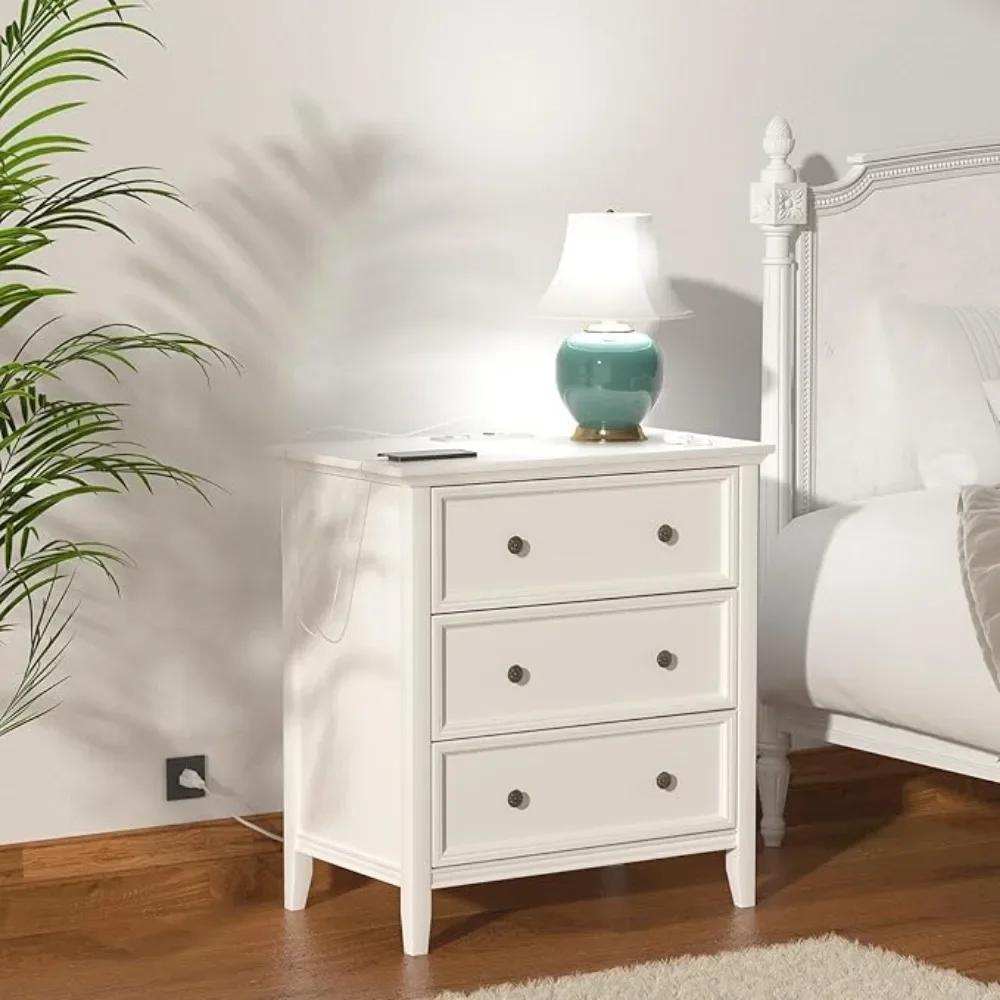 White Nightstand with 3 Drawers and Charging Station, Solid Wood Nightstand Organizer for Bedroom