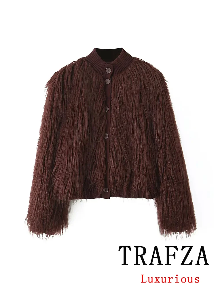 

TRAFZA Vintage Faux Fur Women Jackets Solid O-Neck Long Sleeve Covered Button Warm Coat Chic New Fashion 2025 Autumn Outwear