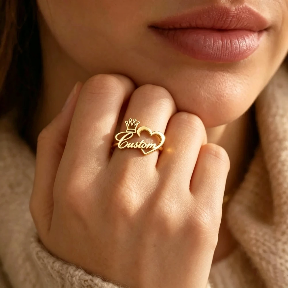 Custom Hollow Crown Heart Name Ring Personalized Cursive Script Name Rings For Women Stainless Steel Jewelry Best Gifts For Girl