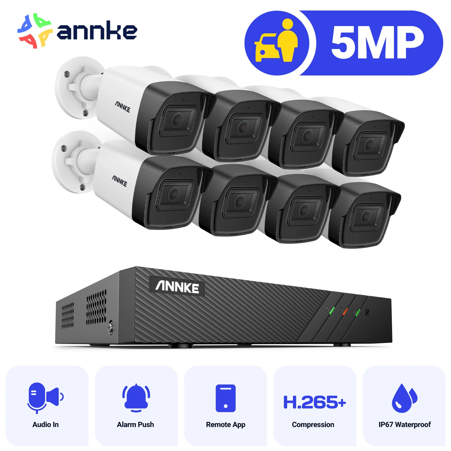 ANNKE 5MP Video Security Camera PoE System,8CH H.265+ 6MP NVR Recorder With 5MP 4X Waterproof CCTV Surveillance Camera