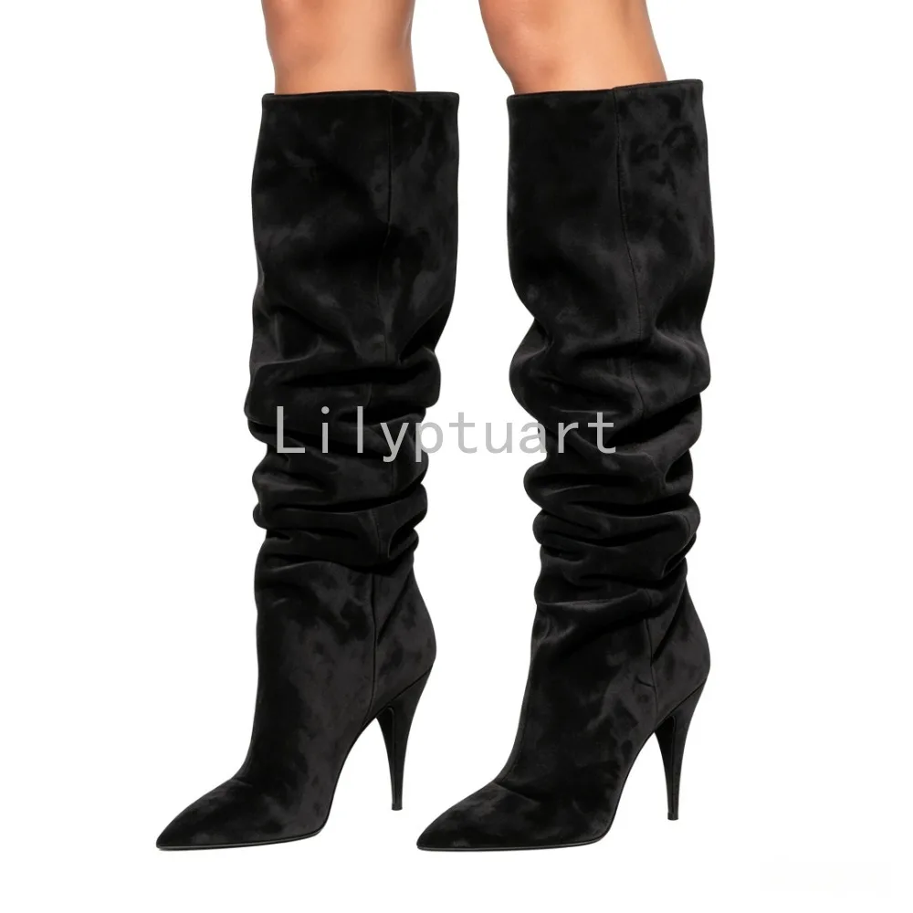 Women's Blue Suede Slouchy Knee High Boots Pointed Toe Stiletto Heel Party Evening Long Boots for Club Night - view 4