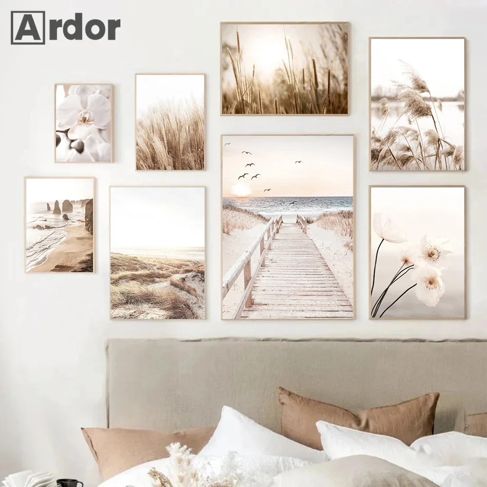 Beige Paesaggio Poster Mare Spiaggia Ponte Immagine Su Tela Fieno Reed Wall Art Fiore Stampa Pittura Nordic Poster Soggiorno Decor