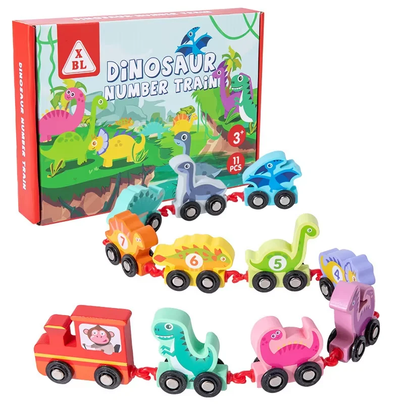 Juego de trenes de dinosaurios de madera magnéticos, 11 Uds., coches de aprendizaje de juguete de madera con números, tren de Color para niños de 2 a 5 años, juguetes Montessori