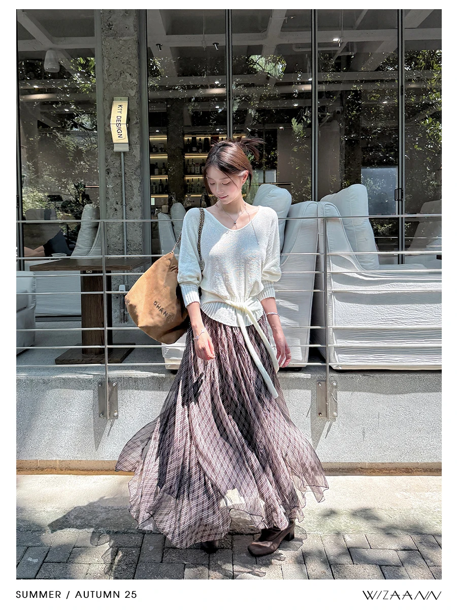 

WizAann Plaid Asymmetrical High Waist A-Line Skirt Women's Autumn Casual Polyester Fiber Gingham Design f Skirt