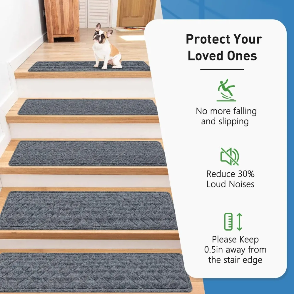 Anti Slip Stair Treads, 15 Packs of 8-inch X 30 Inch Stair Carpet Treads, Indoor with Reusable Peel and Stick Adhesive