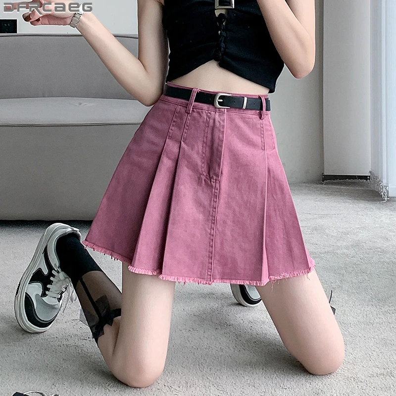 

2023 Summer Pleated Mini Skirt Women Fashion Korean Y2K Streetwear Ripped Denim Skirts With Shorts Belt A-Line Preppy Girl Saias