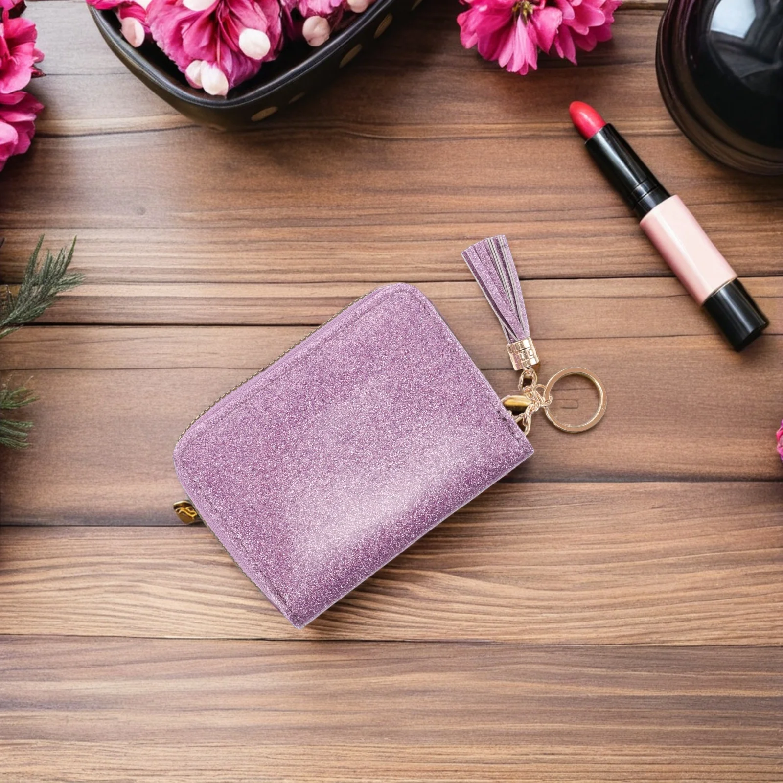 

Women'S Accordion Card Wallet Large Capacity Glitter Pu Credit Card Holder With Zipper Tassels Compact Small Wallet For Daily