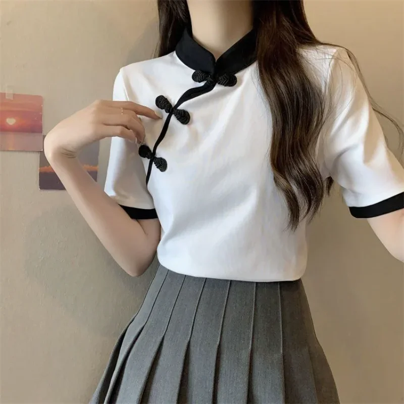 M-4XL T-shirts Women Irregular Buttons Chinese Style Gentle College Designed Mandarin Collar Sweet Summer Short-sleeve Vintage