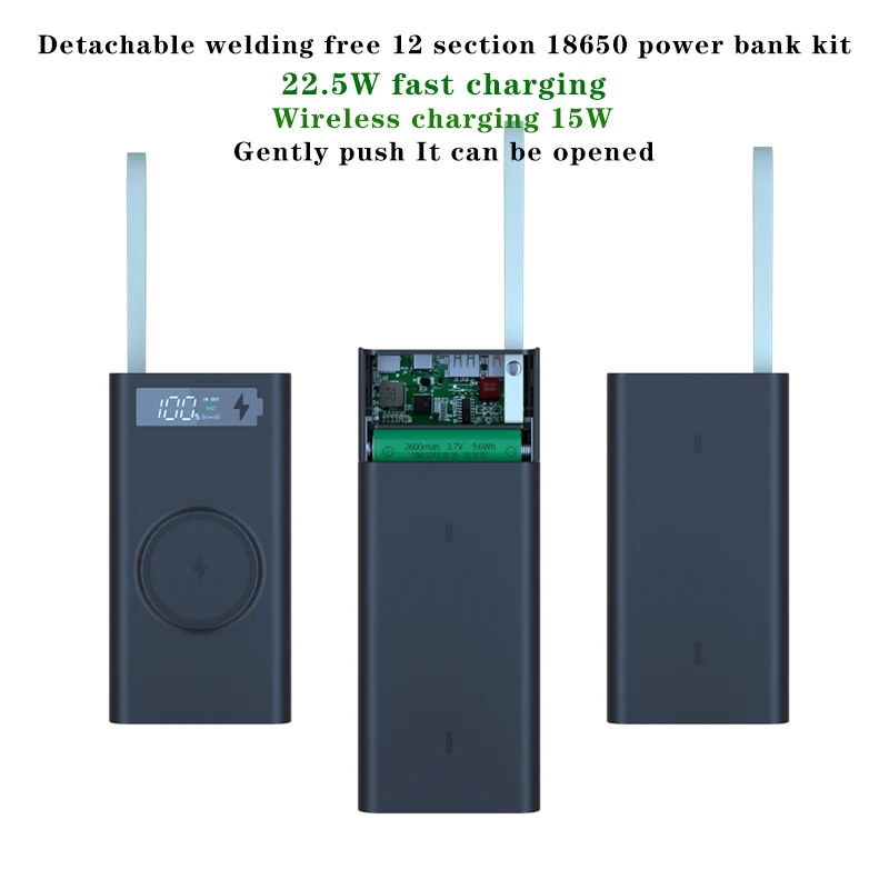 Flashlight Quick DC Charge 12 18650 Battery 22.5W Power Bank Case Battery Storage Box Dual USB DIY Shell Wireless charging