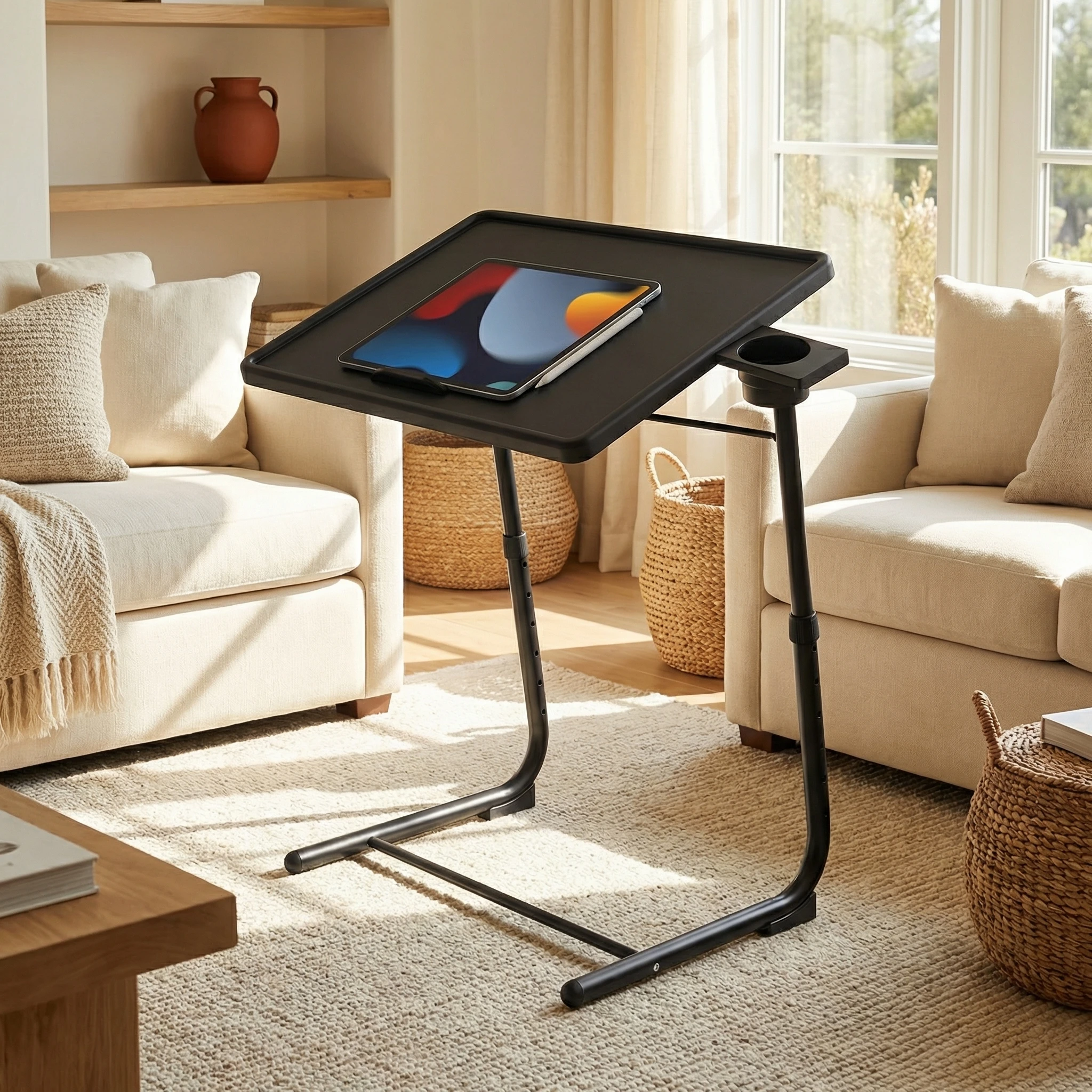 Adjustable TV Tray Table - Foldable TV Tray with 6 Height & 3 Tilt Angle Adjustments, TV Dinner Tray with Cup Holder for Couch, Bed, Sofa and Chair