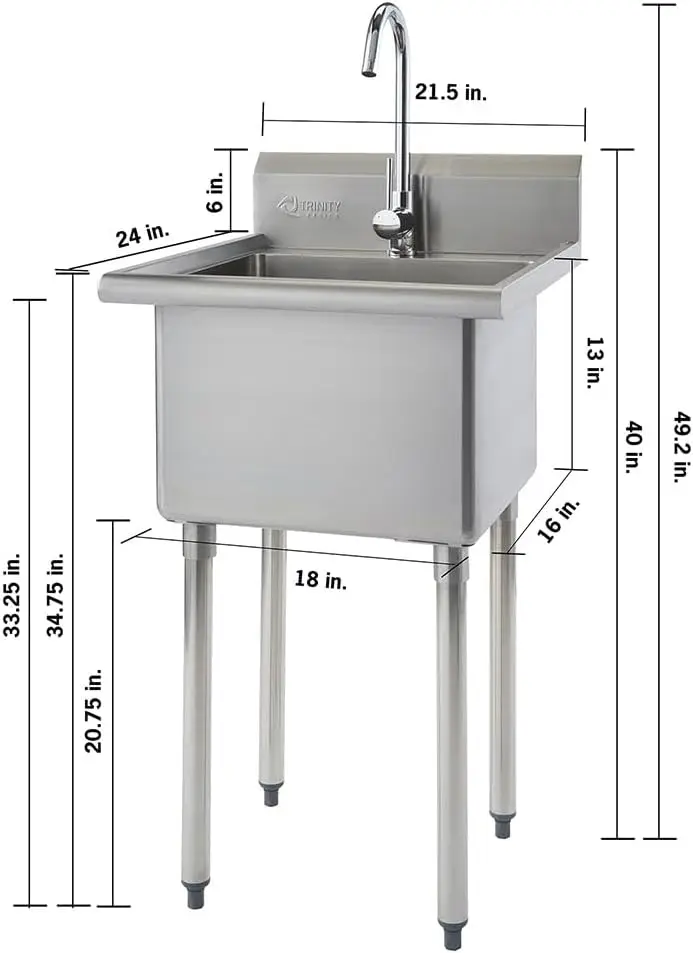 THA-0307 Basics Stainless Steel Freestanding Single Bowl Utility Sink for Garage, Laundry Room, and Restaurants