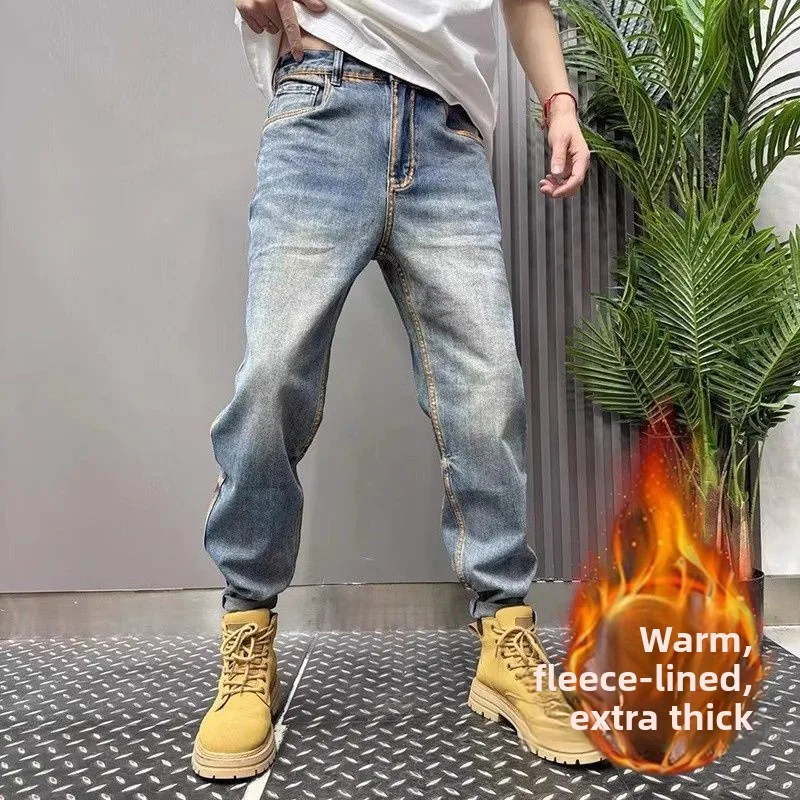 

Autumn Thickened Fleece Men's Jeans Slim Fit Casual Long Pants Fashionable Brand Pocket mid Waist Standard Straight Loose Jeans