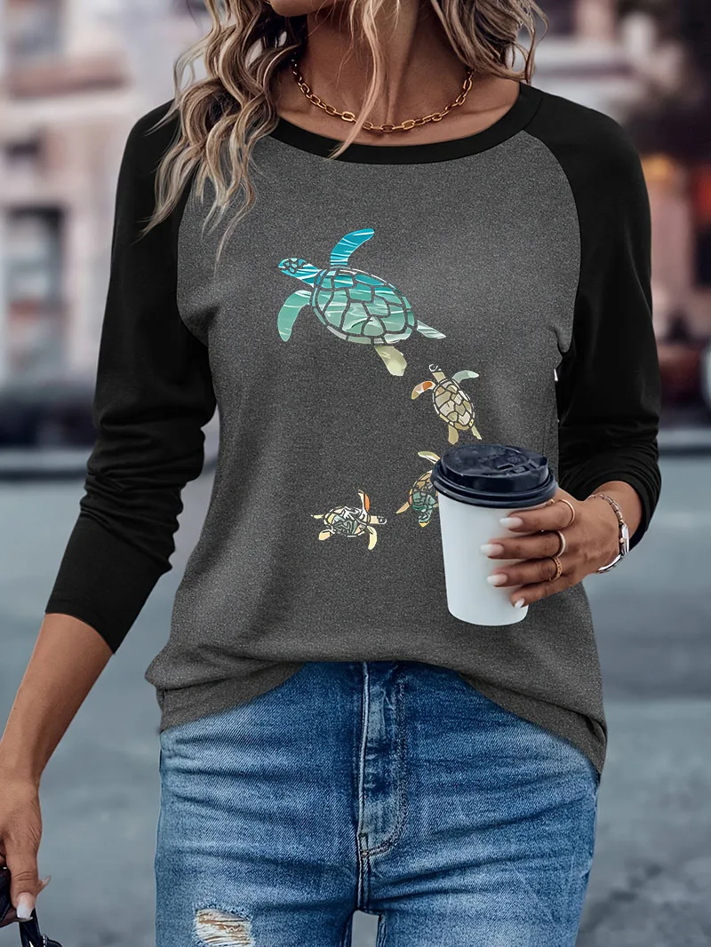 T Shirts Women Funny Sea Turtle Print Cartoon Long Sleeve T-shirt Casual Graphic Long Sleeved Comfortable Winter Autumn Shirt