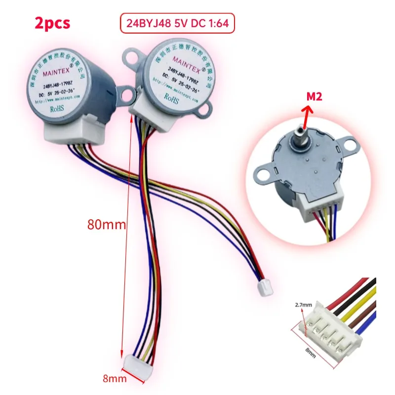 2pcs 4-Phase 5-Wire DC Gear Stepper Motor 5V 24BYJ48 Reduction Motor Ratio 64:1 for Single Chip Microcomputer/Camera Monitoring