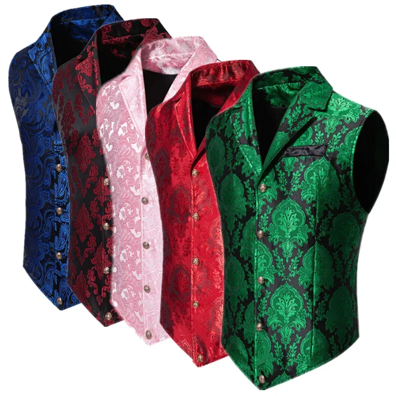 New Men Luxury Jacquard Suit Vest Thin Tops Red / Green  / Blue / Pink Fashion Male Wedding Prom Party Dress Waistcoat