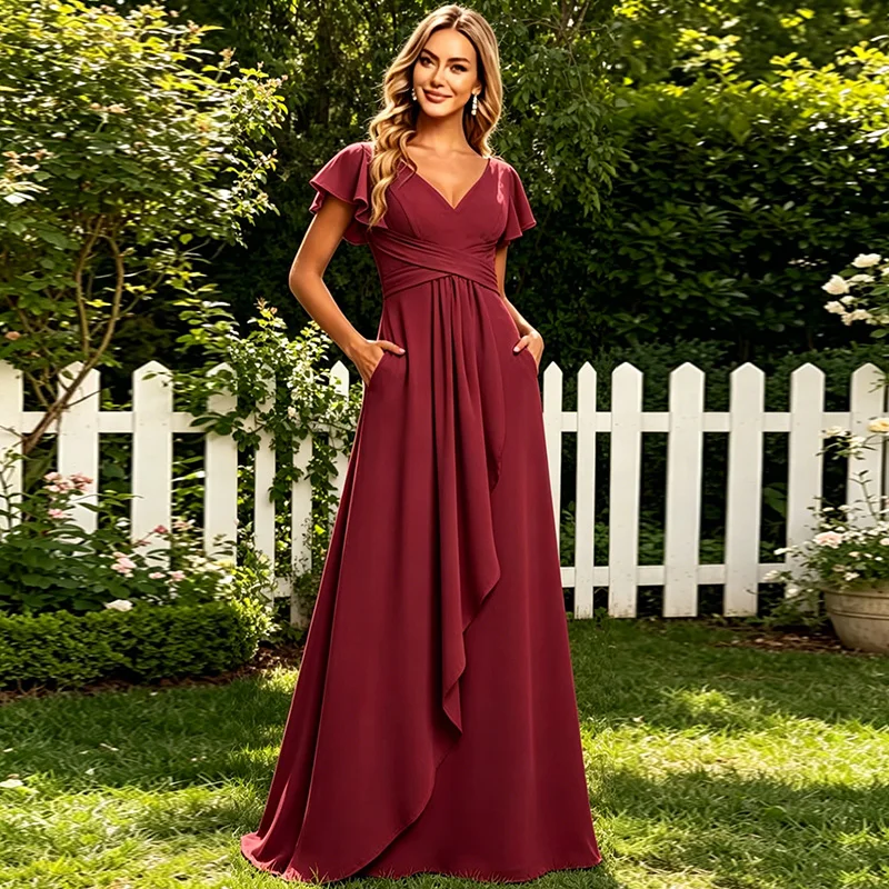 Burgundy Bridesmaid Dresses A-Line V-Neck Flutter Sleeve Floor Length Maid of Honor Dress  Wedding Guest Evening Party Gown