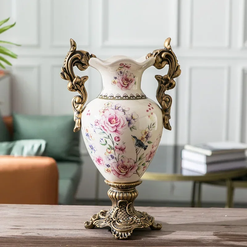 Creative European Trophy Shaped Floor Ceramic Vase Crafts  Vintage Home Decorative Vase Tabletop Vase with Two Handles