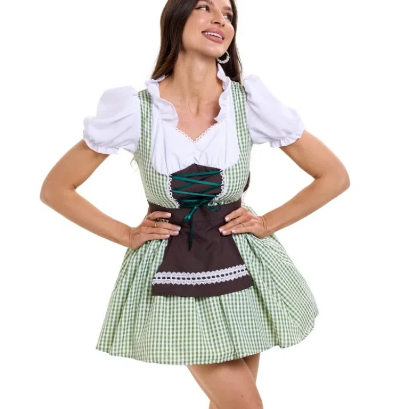 

Womens Cosplay Traditional Oktoberfest Maid Costume Manor Farm Girl Lace-up Ruffle Plaid Dress Maid Cosplay Costume