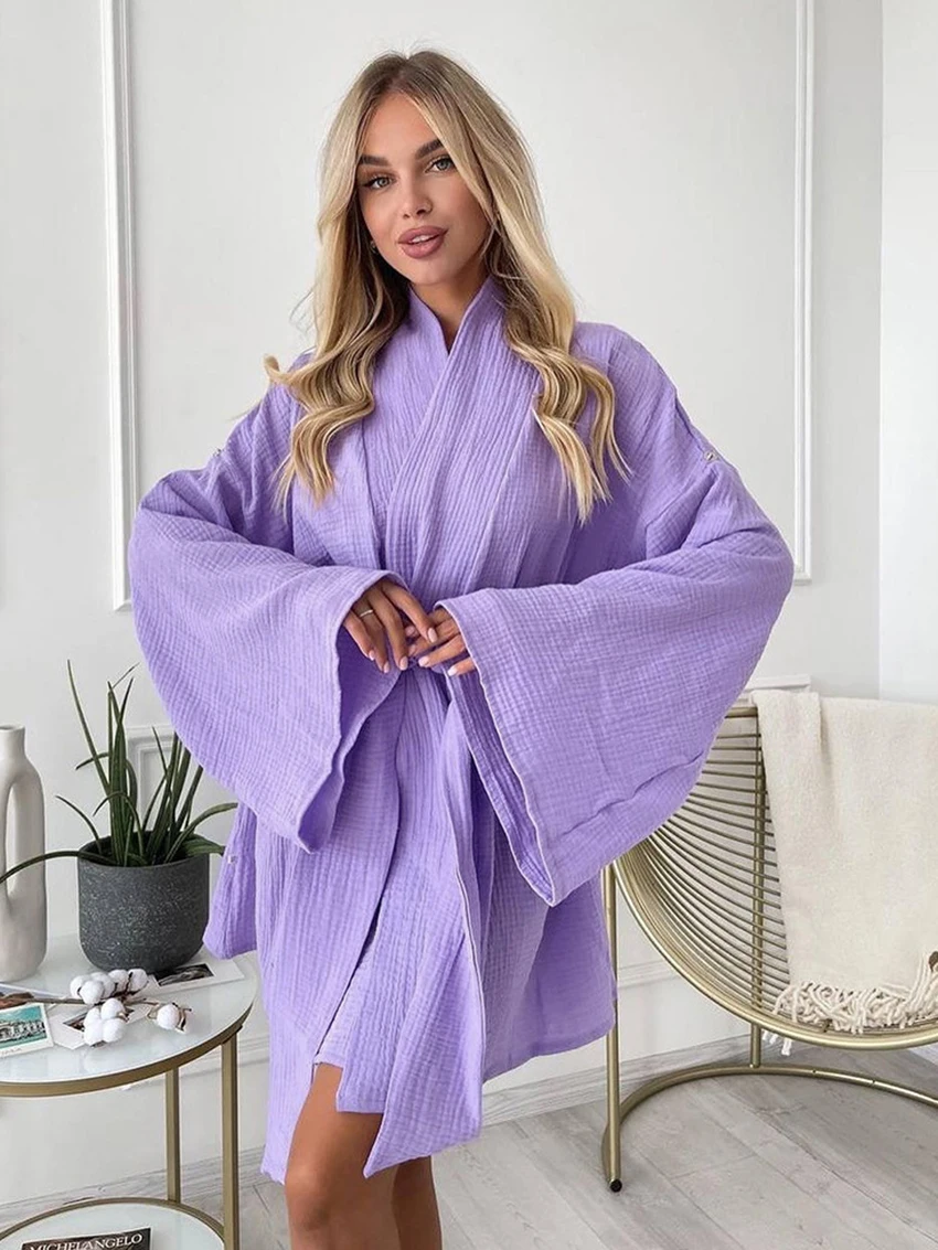 Marthaqiqi Cotton Women Robe Sexy V-Neck Pajamas Lace Up Bathrobe Long Sleeve Nightgowns Mini Dress 2023 New Femme Home Clothes