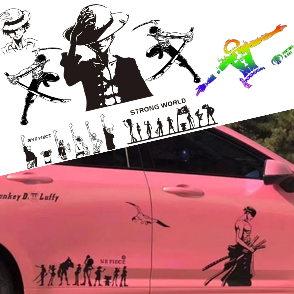 Car Stickers Straw Hat Luffy Anime ONE PIECE Reflective Decal Laser Auto Rear Windshield Bumper Door Decoration Scratches Cover