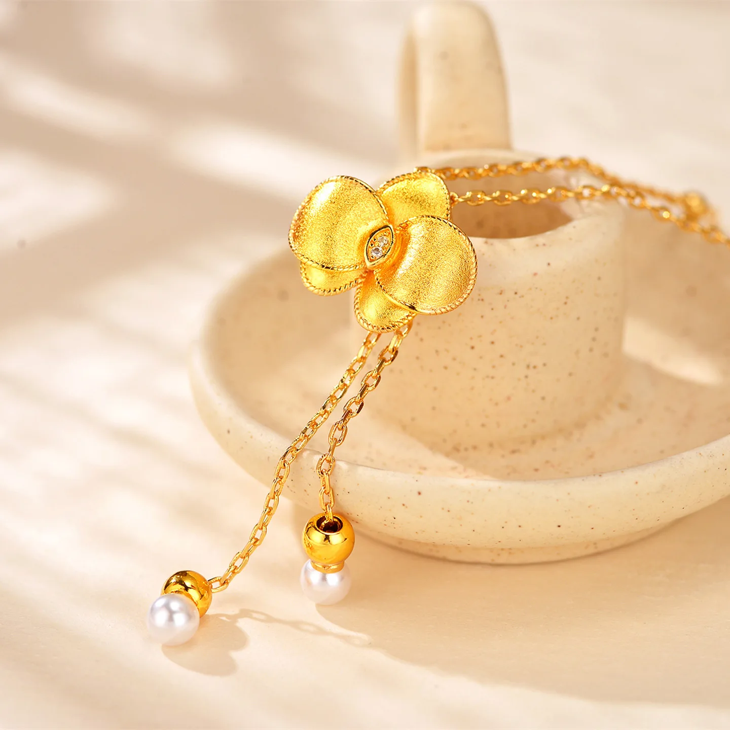 9999 Gold Threaded Phalaenopsis Orchid Petal Pendant Necklace for Women, Sweet and Elegant Tassel Choker Chain