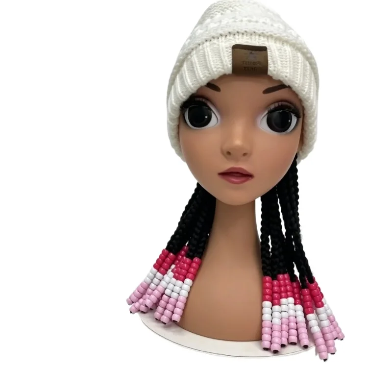 Girls White Knitted Beanie with Synthetic Box Braids, Color Gradient Bead Tassel Wig Hat, Warm Winter Kids Winter Hair Accessory