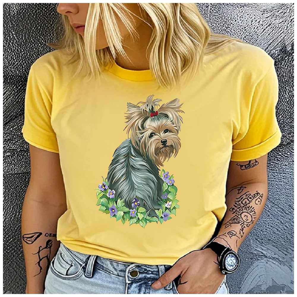 Cotton 100% Floral Yorkshire Terrier Puppy Print Women T Shirt Cute Yorkie With Red Bow Flower Wreath Graphic Pet Lover Casual