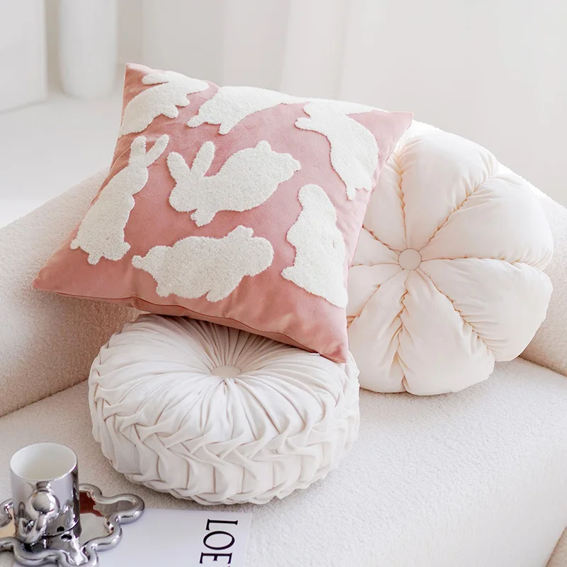 Ins Style Pink Adorable Girls' Bedroom Bedside Pillow Covers, for Living Room Sofa, Round Pouf Cushions, Soft and Charming