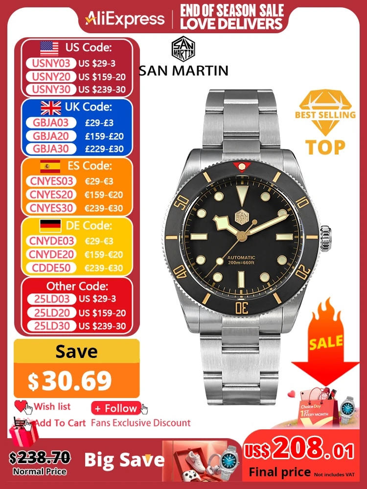 San Martin New 37mm BB54 Vintage Diver Watch NH35 Automatic Mechanical Men Wristwatches Sapphire Luminous Waterproof 200m SN0138