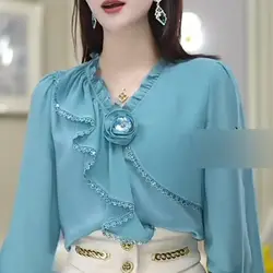 Large Size Women's Clothing with a Chubby MM Temperament Reducing Water Blue Autumn New Style Elegant V-neck Shirt for Women