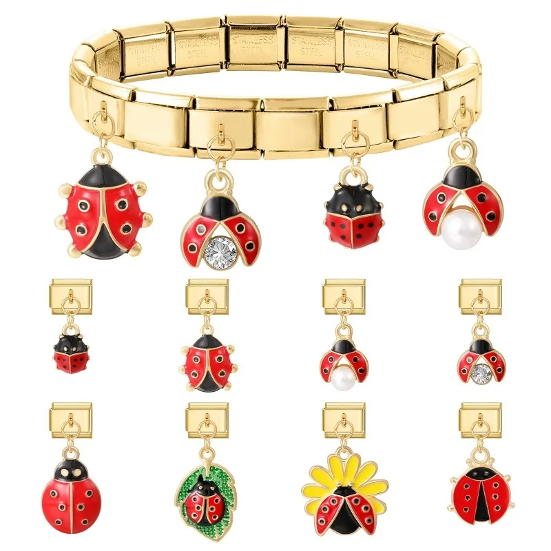Pearl Shiny Zircon Insect Beetle Ladybug Gold Color Pendant Italian Charm Link Fit 9mm Stainless Steel Bracelet DIY Making Gifts